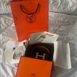 Hermès-style Black Leather Belt with Gold 'H' Buckle - reversible & unisex